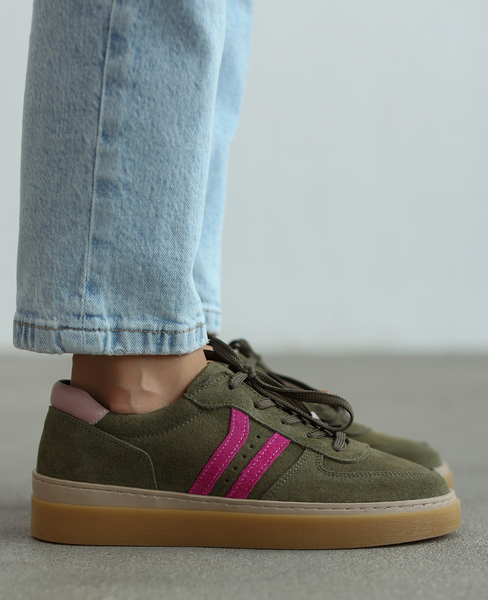 Skórzane oliwkowe sneakersy damskie Elviana