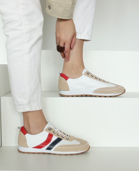 Florena Women's White Leather Low-Top Shoes with a Red Accent