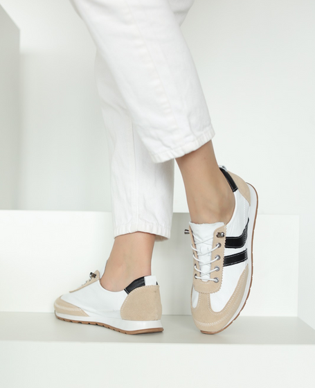 Florena Women's White Leather Low-Cut Shoes with a Black Accent